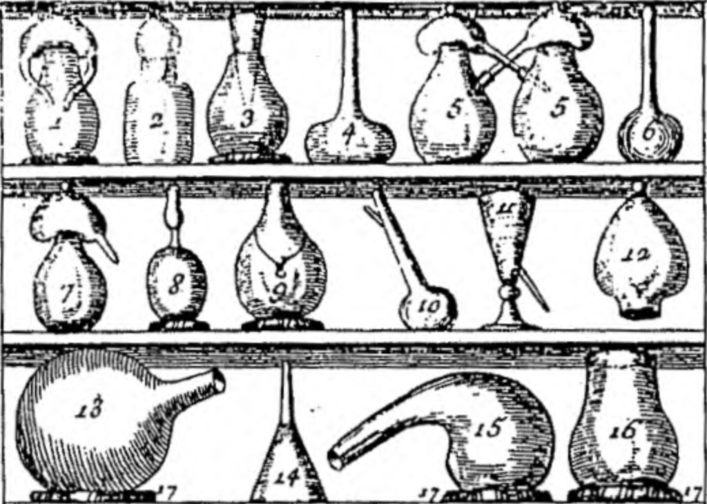 An illustration in La Chymie of Meurdrac's chemical instruments. There are three rows, with six instruments on the top row, six on the middle, and four comparably larger instruments on the bottom.